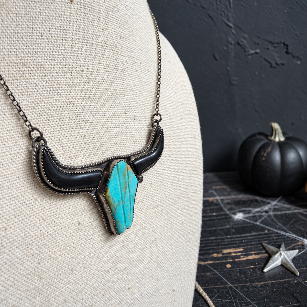 Statement Onyx & Kingman Turquoise Longhorn Necklace by OutWest Silver