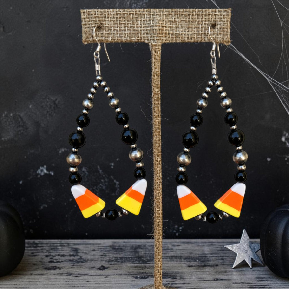 3.5" Black Onyx & Candy Corn Earrings