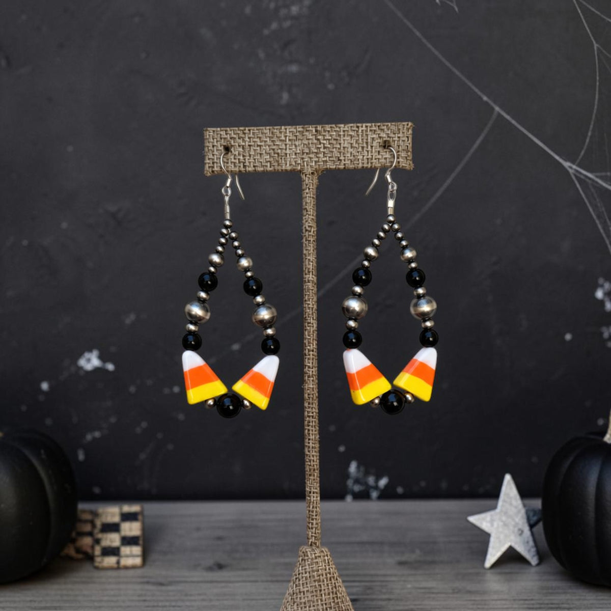 3" Black Onyx & Candy Corn Earrings