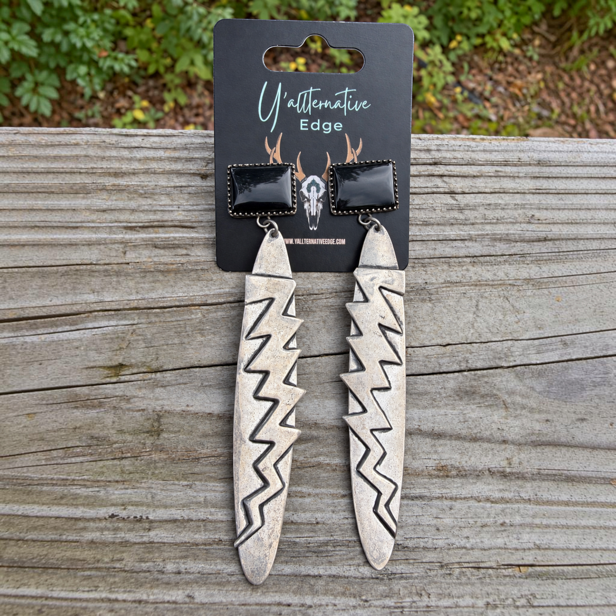 Vintage Black Onyx & Sterling Silver Lightning Bolt Earrings