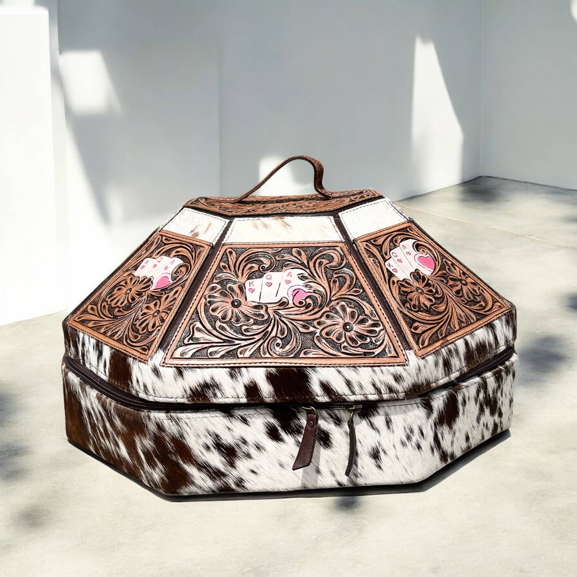 “High Stakes” Tooled Leather & Cowhide Cowboy Hat Box