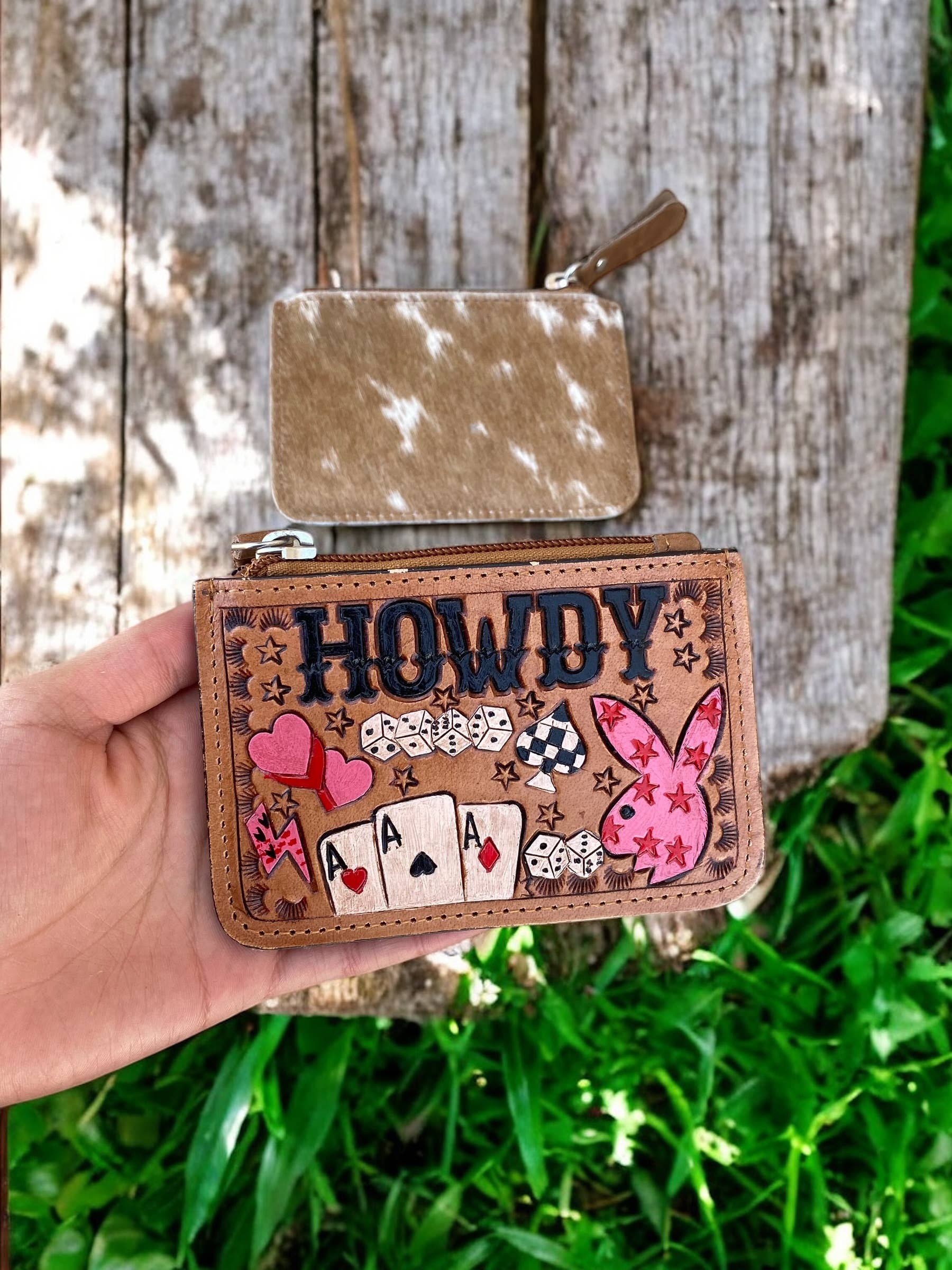 Howdy Tooled Leather & Cowhide Coin Pouch
