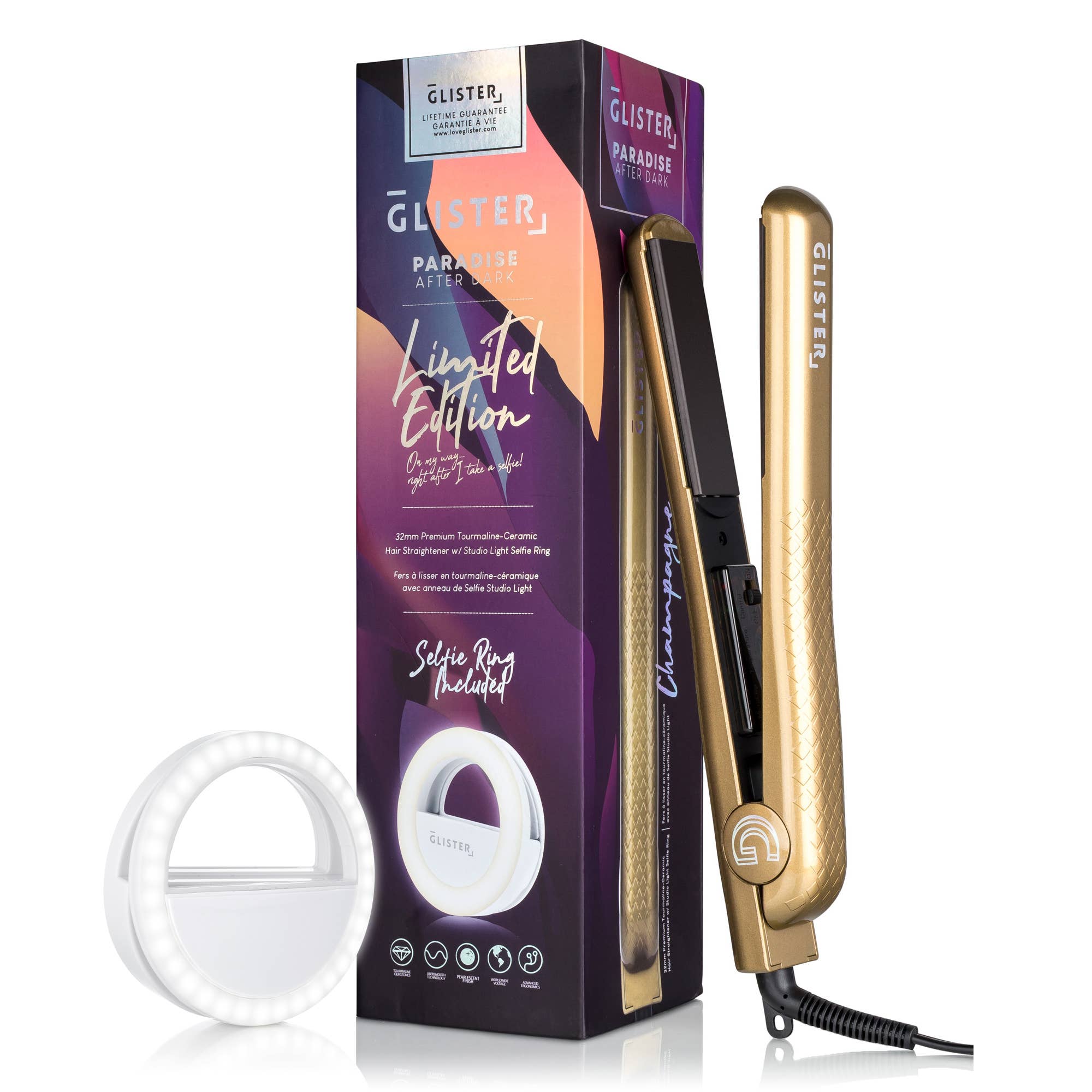 Glister Paradise 1.25" Flat Iron + Bonus Selfie Ring Light-$126.99 RETAIL