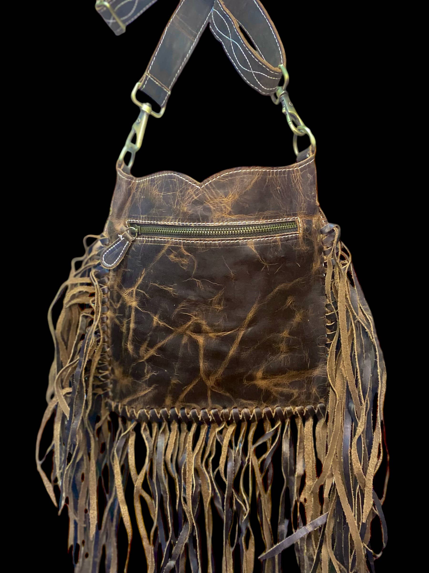 Rustic Leather Western BootStitch Fringe Crossbody