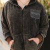 Black Mineral Wash Boot Stitch Detail Zip-Up Hoodie