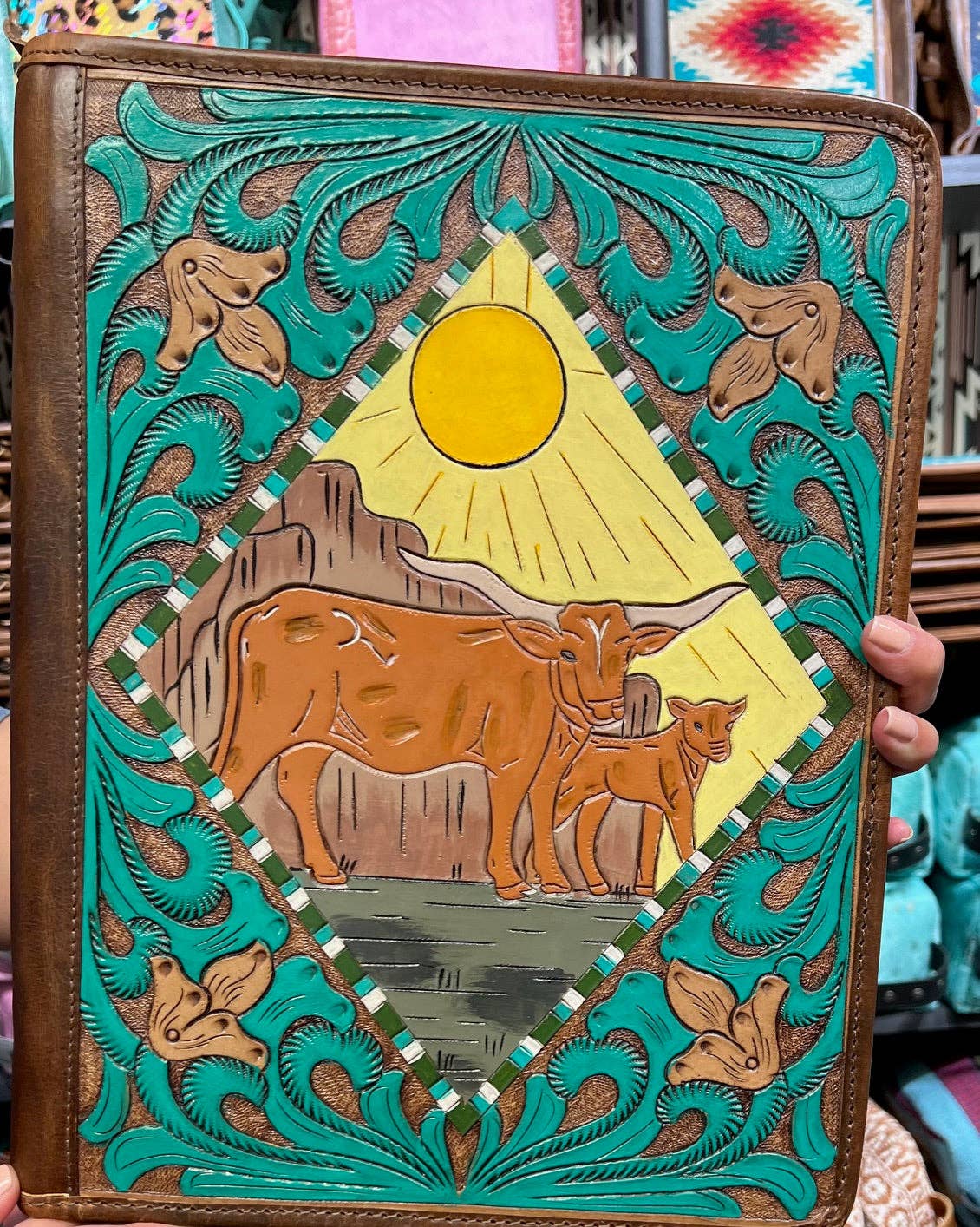 Longhorn Leather Hand Tooled Western Portfolio with Zipper Close