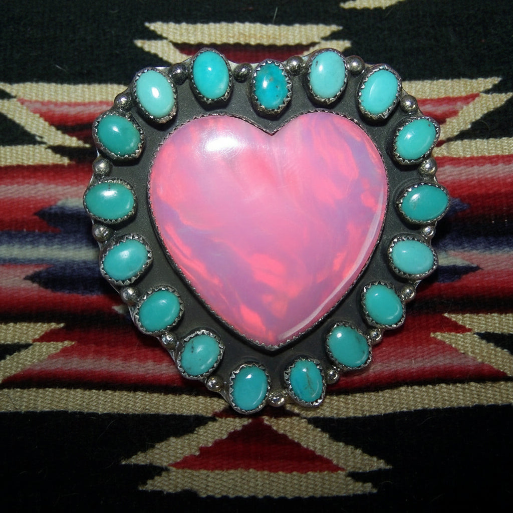 The Valentine's Day Collection- HUGE Pink Galaxy Opal & Turquoise Cluster Ring – Size 6.5 By Herbert Tsosie