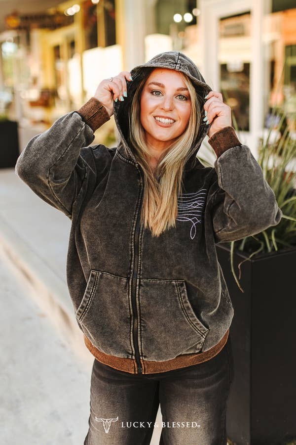 Black Mineral Wash Boot Stitch Detail Zip-Up Hoodie