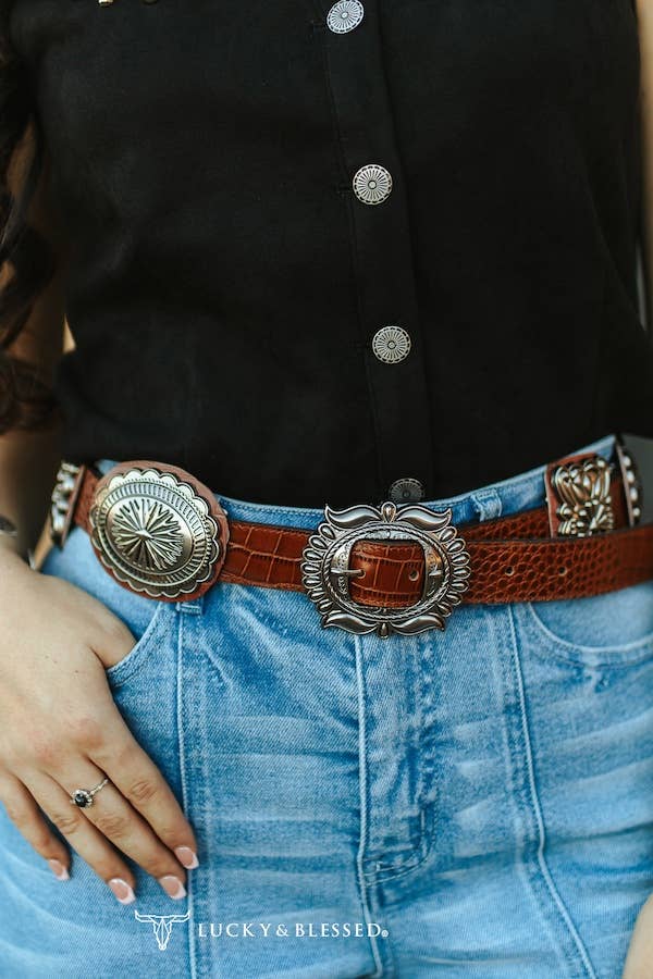 Genuine Brown Gator Silver Concho Belt- RETAIL $149.99