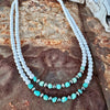 Matte White Glass, Sonoran Turquoise & Navajo Finished Pearl Layering Necklace-19”