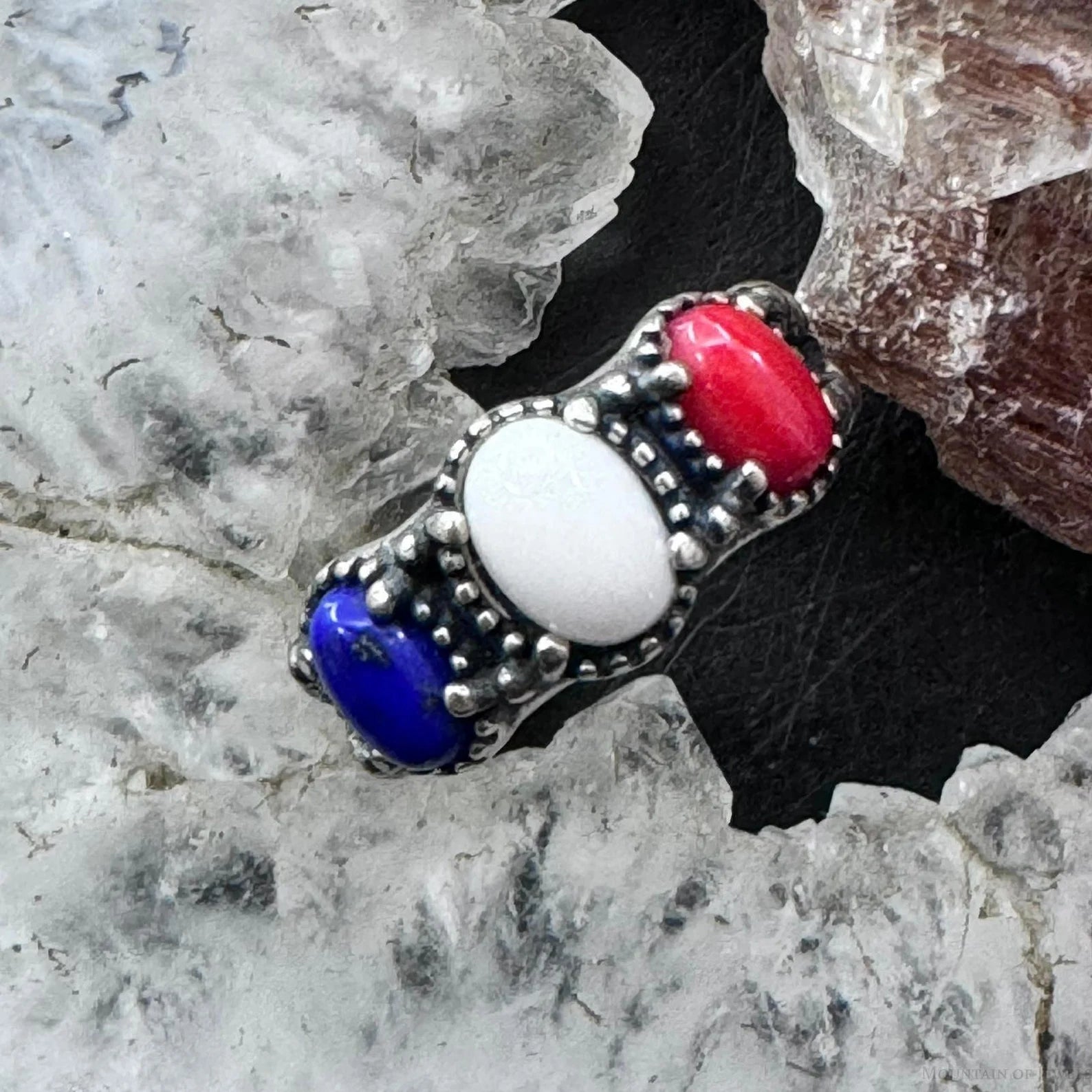 Patriotic Vintage Carolyn Pollack Cuff & Ring Set-Sterling Silver, Lapis, White Agate & Coral