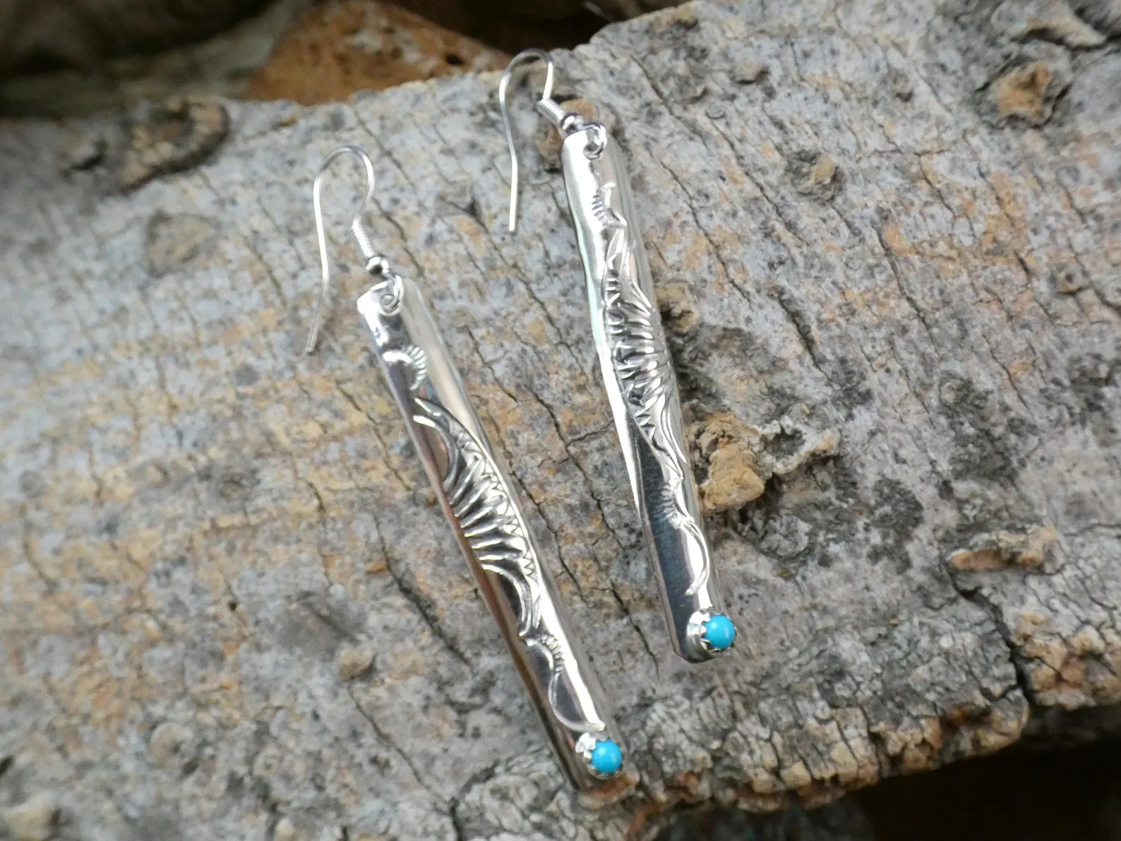 Turquoise Native American Hand Stamped Curved Bar Stick Earrings