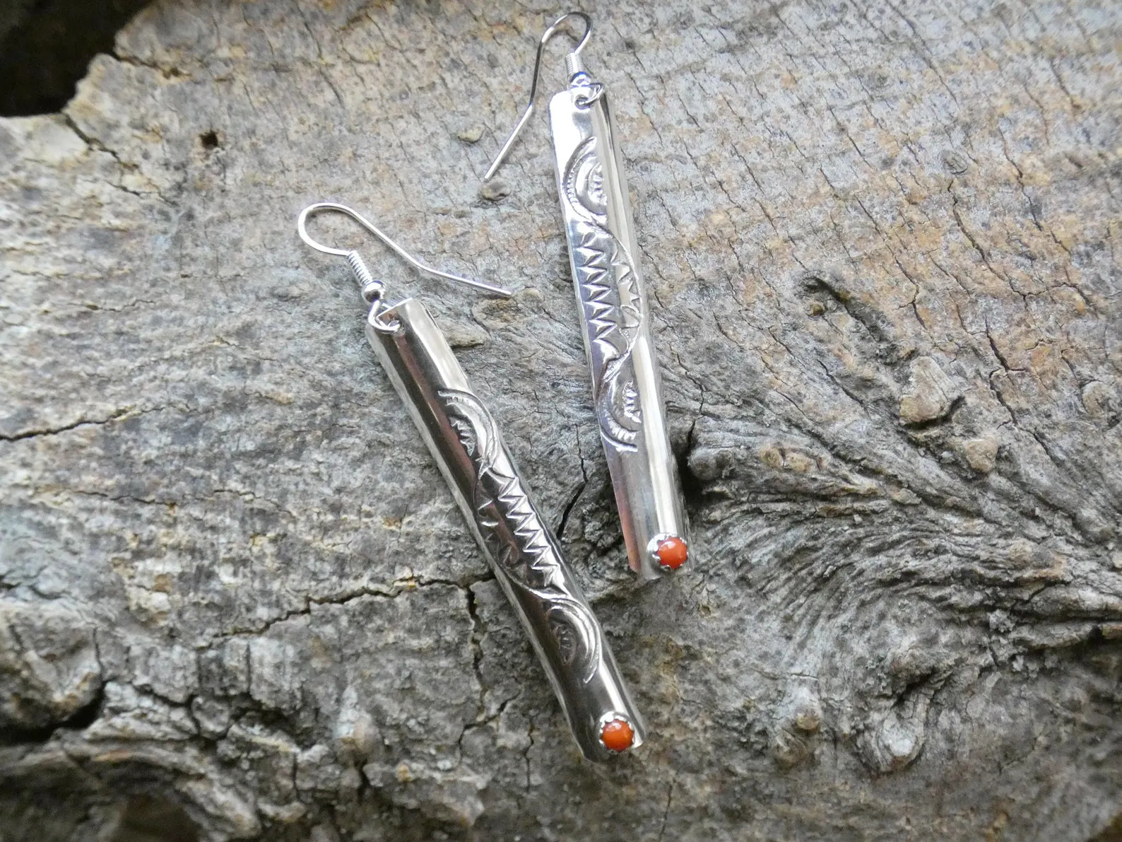 Coral Native American Hand Stamped Curved Bar Stick Earrings