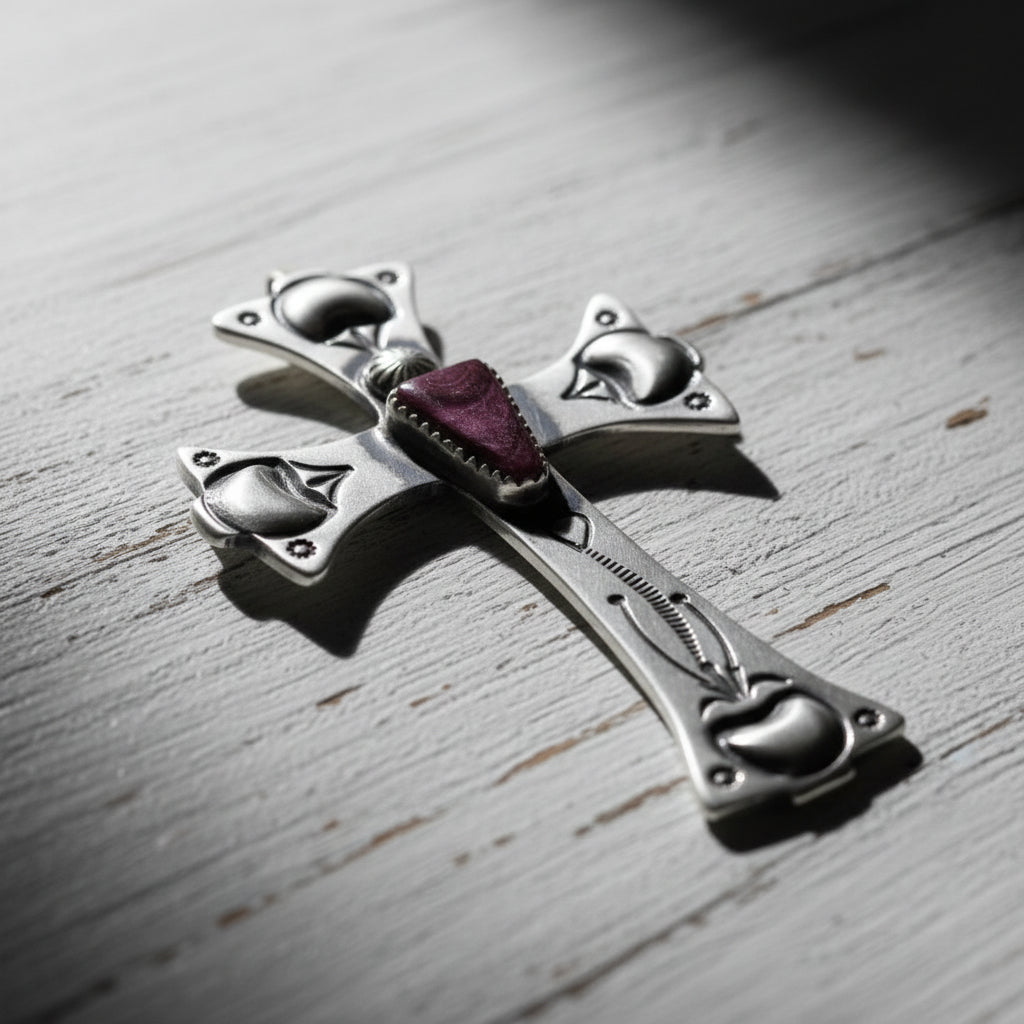 Navajo Sterling Silver Cross Pendant with Purple Spiny Oyster