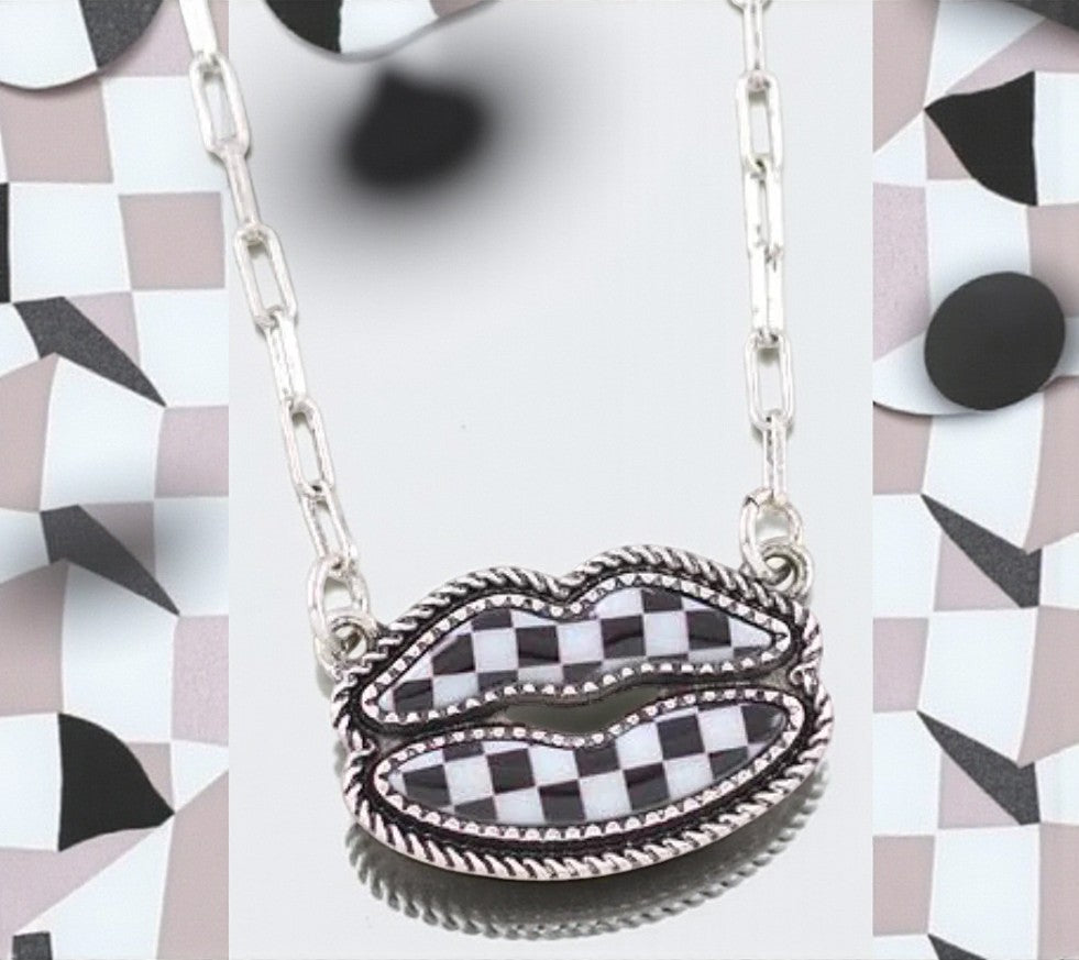 “Kiss My Grits” Western Checkered Lip Necklace – 18” + 3” Ext
