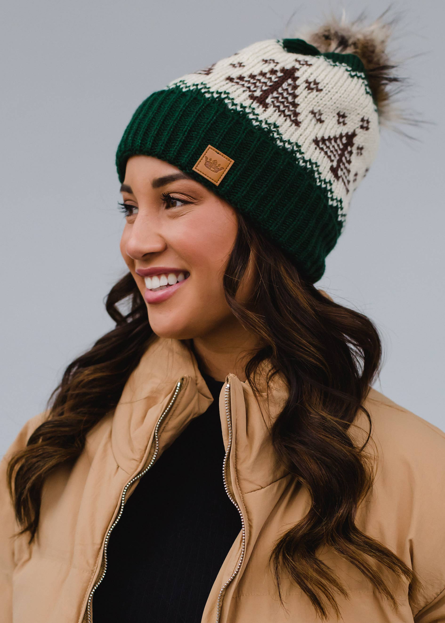 Green w/ Brown Trees Knit Pom Hat